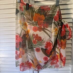 Guess Tropical Floral Sheer Wrap Skirt in Coral, Yellow & Green